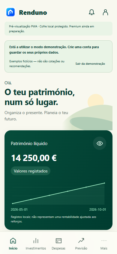 Início da Renduno com um exemplo fictício de património